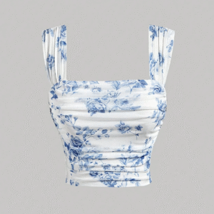 Flor Azul – Top floral azul con escote cuadrado